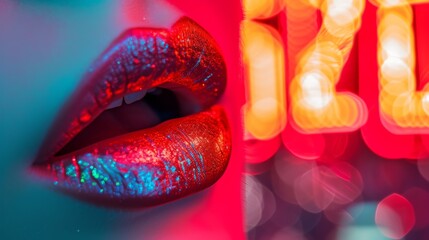Close-up of vibrant red lips with sparkling glitter, set against a bokeh light background, exuding a sense of glamour and festivity