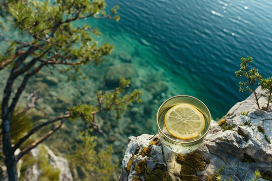 A glass of lemonade on a rock overlooking the ocean. Generative AI.