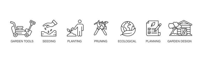 Fototapeta premium Gardening banner web icon vector illustration concept with icon of garden tools, seeding, planting, pruning, ecological, planning and garden design