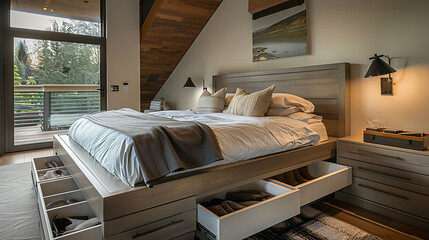 Modern bedroom with a platform bed featuring built-in drawers underneath for concealed storage of clothing and linens