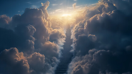 A mystical stairway ascending through billowing clouds towards the radiant sunlight of the heavens - obrazy, fototapety, plakaty