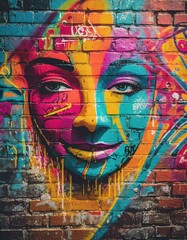 Colorful graffiti on the brick wall as face