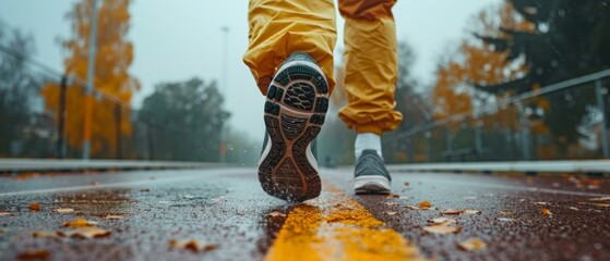 A person wearing yellow sneakers and a black jacket is running on the road. Generative AI. - Powered by Adobe