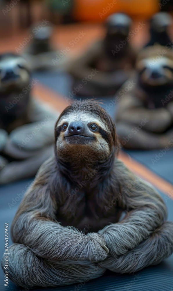 Poster a group of sloths sitting on mats in a yoga pose. generative ai.