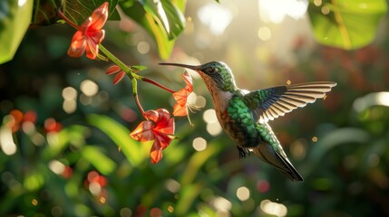 Obraz premium A hummingbird is hovering over a flower with green leaves. Generative AI.