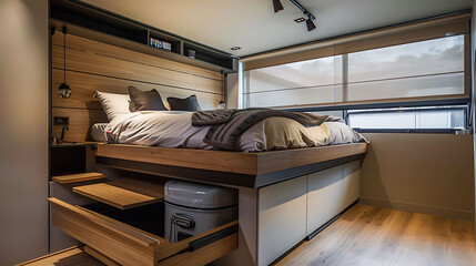 Modern bedroom with a platform bed design that lifts up to reveal hidden storage compartments for storing luggage and bulky items