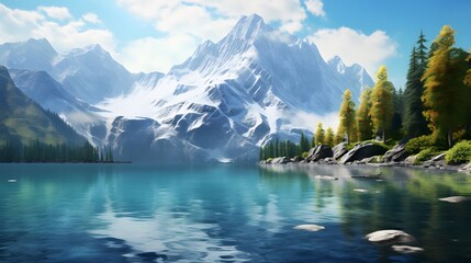 A majestic mountain towering over a tranquil alpine lake, its reflection shimmering in the clear blue water, creating a scene of serene beauty and tranquility. - Powered by Adobe