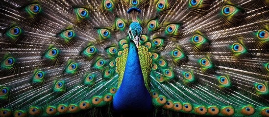 Obraz premium A colorful peacock showcasing its beautiful spread-out feathers in full display