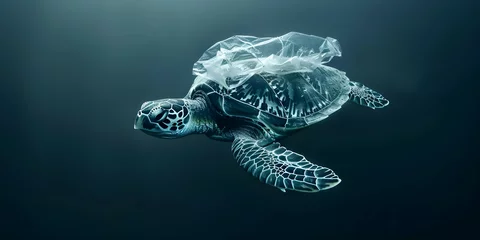 Muurstickers The Impact of Plastic Pollution on Oceans: A Sea Turtle Trapped in a Plastic Bag. Concept Environmental Conservation, Plastic Pollution, Marine Life, Ocean Cleanup, Wildlife Protection © Ян Заболотний