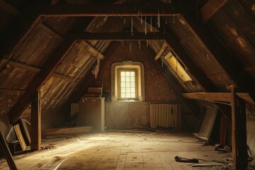 Vintage House wooden attic old space. Home board dirty roof with small light. Generate Ai