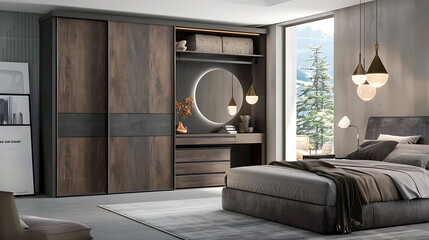 Modern bedroom with a sliding panel wardrobe system that conceals a hidden dressing area with shelves, drawers, and a mirror