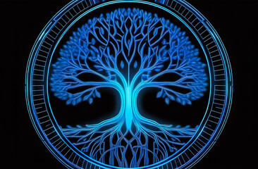 The logo is a contour drawing of the tree of life in a circle, lines of blue neon color on a black background. graphic drawing