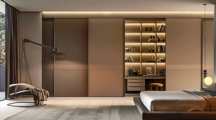 Modern bedroom with a sliding door wardrobe system that conceals a hidden desk area with shelves and drawers for office supplies