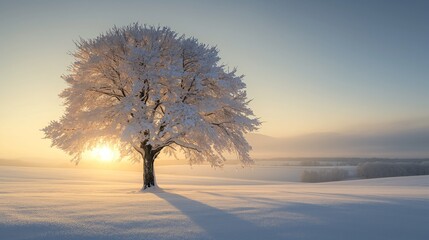 Snow-covered tree bathed in the soft glow of a winter sunrise
