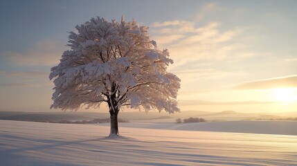 Snow-covered tree bathed in the soft glow of a winter sunrise