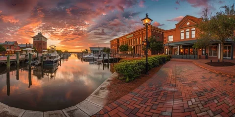 Foto op Plexiglas A picturesque view of the historic harbor in North Carolina, with its red brick boardwalk and scenic waterways at sunset Generative AI © SKIMP Art