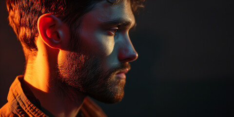 Side view of a young, pensive man with a beard, lit by dramatic red and blue lights