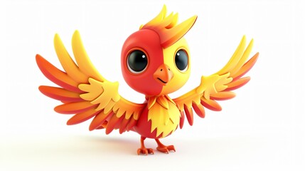 A cute and colorful phoenix chick with its wings spread wide. It has big eyes and a friendly smile. It is standing on a white background.