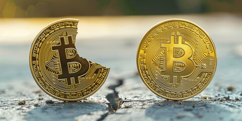 A split Bitcoin coin on concrete, depicting the concept of cryptocurrency division or fork