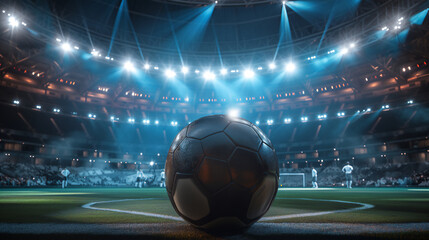 Close-up of a soccer ball on the pitch with the illuminated stadium and players in the background,...