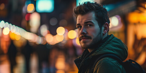Confident young man in urban night setting, with colorful city lights creating a vivid backdrop