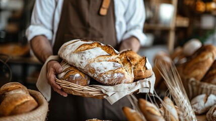 Baker holding a basket full of freshly baked bread. The baker is wearing a white apron and the background is blurred. The focus is on the bread.