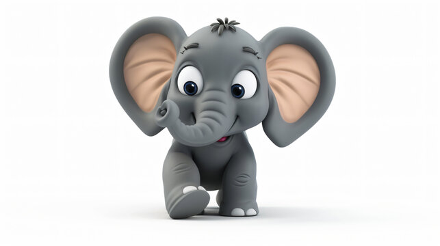 This is a 3D rendering of a cute baby elephant. It has big ears and blue eyes. It is walking towards the viewer with a happy expression on its face.