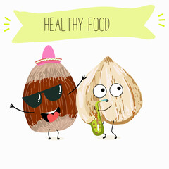 Cute characters hazelnuts with different activities. Flat vector illustration, funny nuts, funny beans. Smiling mascot for kids menu decoration.