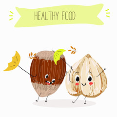 Cute characters hazelnuts with different activities. Flat vector illustration, funny nuts, funny beans. Smiling mascot for kids menu decoration.