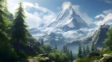 A towering mountain peak rising above a dense forest, its snow-capped summit glistening in the sunlight, a stark contrast to the lush greenery below, showcasing the diversity of nature's creations.