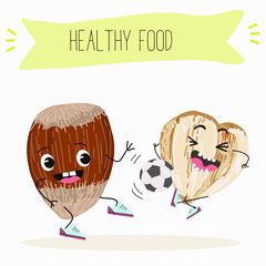 Cute characters hazelnuts with different activities. Flat vector illustration, funny nuts, funny beans. Smiling mascot for kids menu decoration.