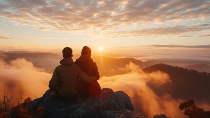 A couple is sitting on a rock and watching the sunrise. The sky is orange and the clouds are pink. The sun is rising over the mountains.