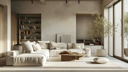 The image shows a modern living room with a large white sofa, a wooden coffee table, and a tree in the corner.