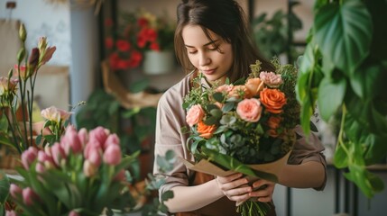 A young woman florist is working in a flower shop. She is holding a bouquet of orange roses and smelling them. - Powered by Adobe