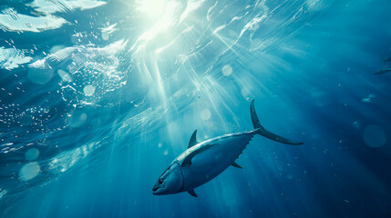 Underwater view of tuna fish swimming through the ocean's surface - obrazy, fototapety, plakaty