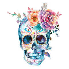 A skull with a flower crown on top. The skull is blue and the flowers are pink and yellow