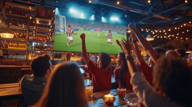 A crowd gathers around a large display device to share the excitement of a football game, building an entertaining event filled with fun and leisure. AIG41