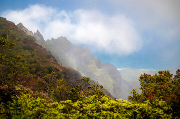 Kalalau Valley in Kokee State Park. Kauai, Hawaii. Popular lookout point for picturesque panoramas over the Kalalau Valley and the Pacific Ocean. One of the greatest views in all of Hawaii.