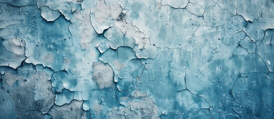 An old blue wall with paint peeling off, revealing the layers underneath, showing signs of wear and tear - obrazy, fototapety, plakaty