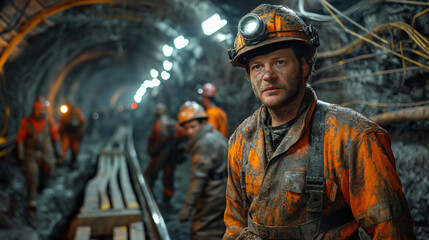 An underground tunnel lined with intricate mining machinery and equipment, as miners in hard hats...