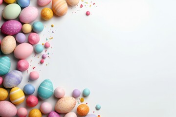 Eggs painted in pastel colors on a white background. Empty space.