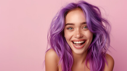 Smiling woman with purple hair and freckles. - obrazy, fototapety, plakaty
