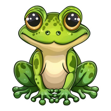 A cartoon frog with big eyes and a smile on its face. The frog is sitting on its hind legs and looking at the camera