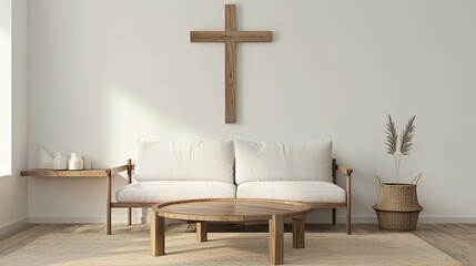 wooden cross of jesus on the bedroom wall - obrazy, fototapety, plakaty