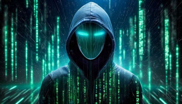 Illustration of an Artificial Intelligence represented in humanoid form that lost control and became very dangerous or was used by malicious human beings to commit evil.	