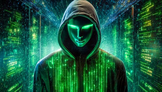 Illustration of an Artificial Intelligence represented in humanoid form that lost control and became very dangerous or was used by malicious human beings to commit evil.	