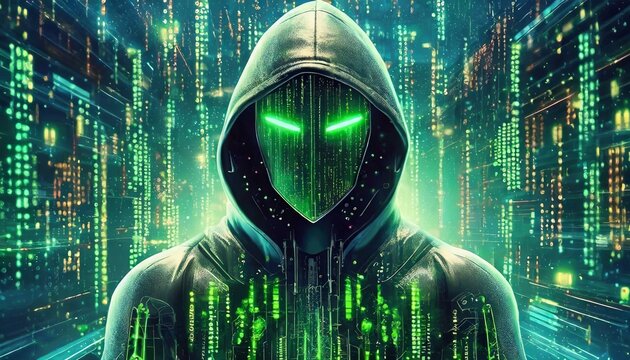 Illustration of an Artificial Intelligence represented in humanoid form that lost control and became very dangerous or was used by malicious human beings to commit evil.	