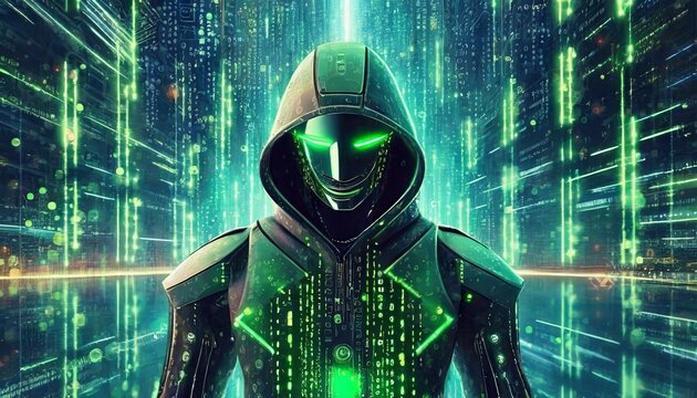 Illustration of an Artificial Intelligence represented in humanoid form that lost control and became very dangerous or was used by malicious human beings to commit evil.	
