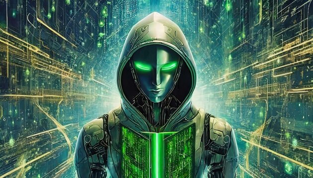 Illustration of an Artificial Intelligence represented in humanoid form that lost control and became very dangerous or was used by malicious human beings to commit evil.	