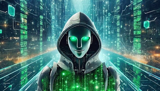 Illustration of an Artificial Intelligence represented in humanoid form that lost control and became very dangerous or was used by malicious human beings to commit evil.	